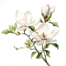 A Painting Of Two White Flowers On A Branch. Generative AI.