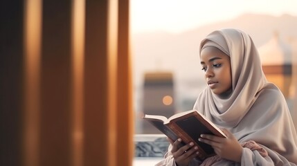 Muslim woman sitting and holding Quran in the city of arab, Generative ai