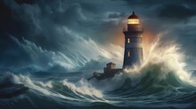 Thunder, Lightning, And High Waves Surround A Lighthouse In This Stormy Scene. Oceanic Digital Painting And Panorama Of Epic Proportions