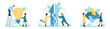 © Flash Vector - Business teamwork, success partnership set vector illustration. Cartoon tiny people connect puzzle pieces into light bulb and goal up arrow, team of partners building creative unity and cooperation
