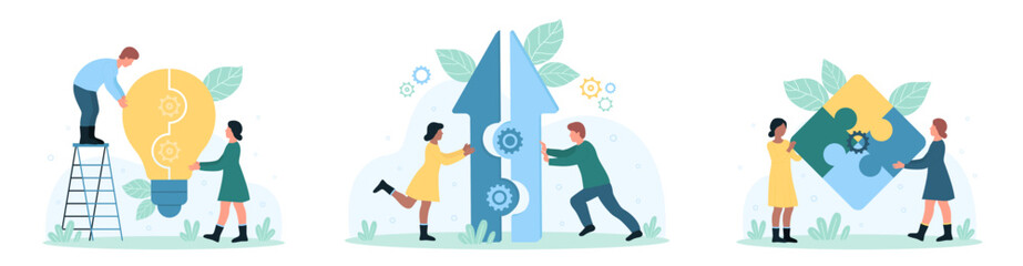 Business teamwork, success partnership set vector illustration. Cartoon tiny people connect puzzle pieces into light bulb and goal up arrow, team of partners building creative unity and cooperation