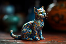 Small Porcelain Cat Figurine. Multicolored Ceramic Figurine Of Kitten. Generative AI