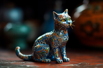 Small porcelain cat figurine. Multicolored ceramic figurine of kitten. Generative AI