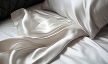  A Bed With A White Comforter And A Black Pillow.  Generative Ai