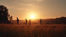 Children Silhouette Walking In The Sunset Park, Play Together In Nature. Happy Kids Running At Sunset In The Park. Happy Childhood Dream Concept. Generative Ai