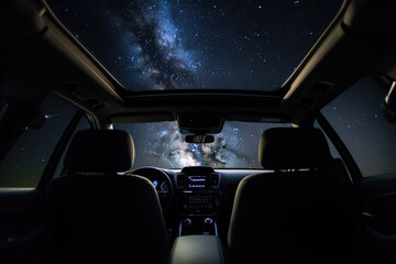 Wall Mural - car interior with galaxy and nebula background, first person view. vehicle in space for futuristic t