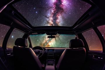 Wall Mural - car interior with galaxy and nebula background, first person view. vehicle in space for futuristic t
