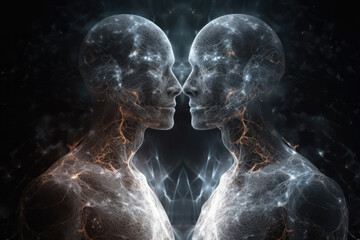 Wall Mural - Two spiritual human bodies on dark background. Souls connection. Created with Generative AI