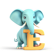 Kids Alphabet. Cute Cartoon Blue Elephant Standing Near Yellow Letter E On White Background. Children Abc Lettering. AI Generative