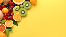 Tropical Sliced Colorful Fruit On Yellow Colored Background Top View In Flat Lay Style. Healthy Eating Backdrop Or Summer Sale Banner.
