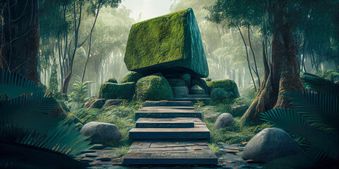 Stone platform in tropical green forest for product presentation, Generative AI