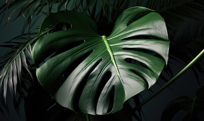  a large green leaf on top of a green tree branch.  generative ai