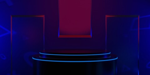 gaming esports background abstract wallpaper, cyberpunk style scifi game, stage scene in pedestal display room, neon glow light, 3d illustration rendering