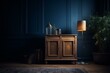 A wooden cabinet mockup lies on the dark blue room floor. Generative AI