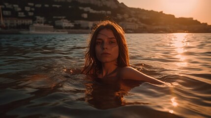 Canvas Print - Young girl swims in the sea at sunset. generative AI