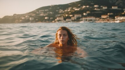 Canvas Print - A young girl swims in the sea somewhere in the Mediterranean region . generative AI