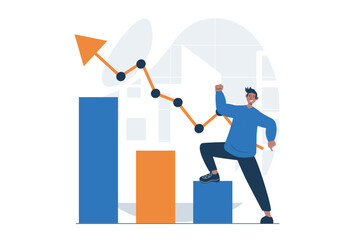 Business growth web concept with character scene. Man rejoices in growth of sales and increase in profits. People situation in flat design. Vector illustration for social media marketing material.