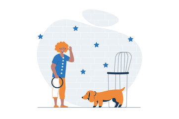 Poster - Circus web concept with character scene. Clown and circus animal trainer performing with dog on concert. People situation in flat design. Vector illustration for social media marketing material.