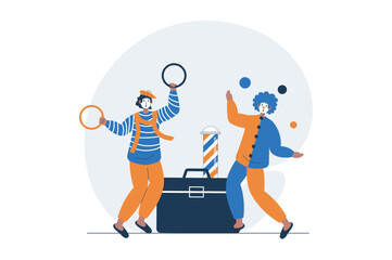 Poster - Circus web concept with character scene. Clowns perform entertainment, juggle and show tricks on concert. People situation in flat design. Vector illustration for social media marketing material.