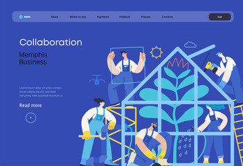 Wall Mural - Memphis business illustration. Collaboration -modern flat vector concept illustration, team, people working together in greenhouse, constructing, watering, planting. Corporate teamwork metaphor.