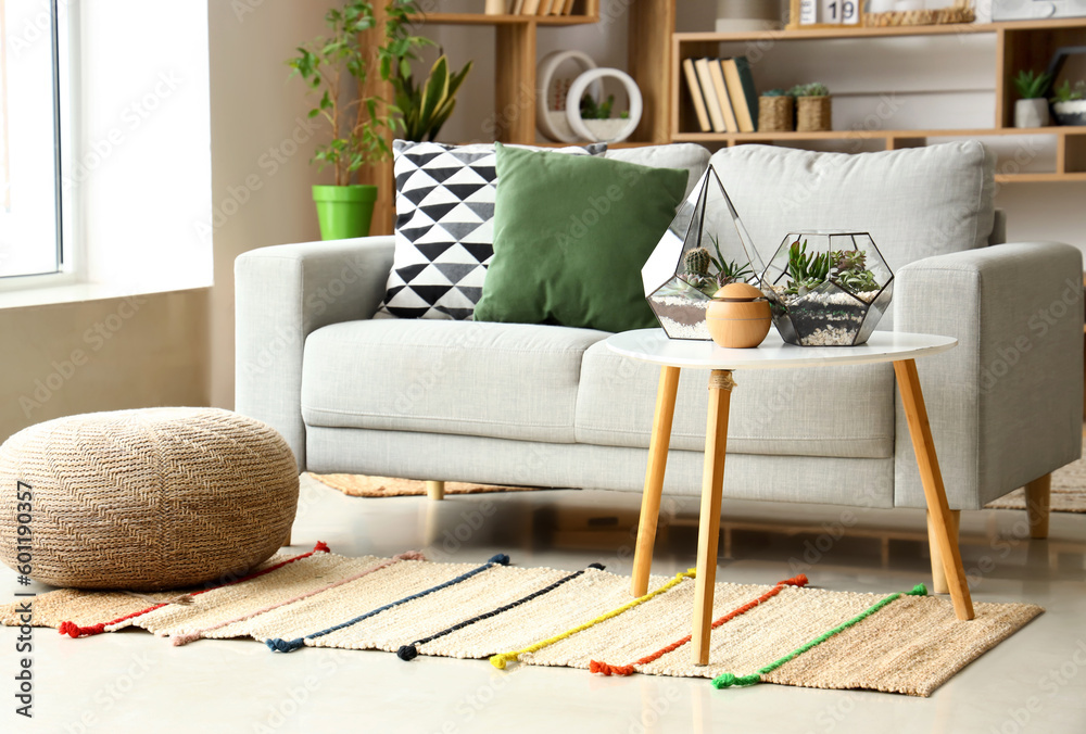 Florariums on table in interior of living room