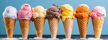 Banner with ice cream in a waffle cone on a blue background.Dive into a world of frozen treats with this enticing banner, highlighting vibrant ice cream in waffle cones on a light background.