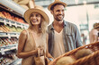 © wetzkaz - young adult man and woman with blond dyed hair, shopping in the supermarket, with a shopping basket, shelves. Generative AI