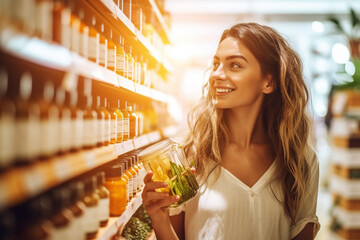 young adult attractive woman with blond dyed hair, shopping in the supermarket, with a shopping basket, shelves. Generative AI