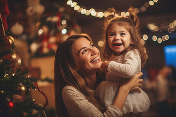 young adult woman with her child, toddler girl and mother woman hug, at christmas in living room with christmas presents and christmas tree. Generative AI