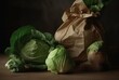 a bunch of green cabbage and a bag of wheat in brown paper, generative ai