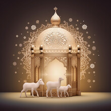 Eid Al Adha Islamic Decoration Background With Goat Sheep Arabic Crescent, Eid Al Adha, 3D Illustration. AI Generative
