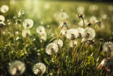 Fototapeta Dmuchawce - Green field full of beautiful dandelions. Ai generated