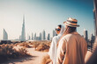 Dubai travel destination. Tourist couple on sunny day in city beautiful urban landscape view. Generative AI.