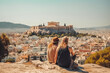 © VisualProduction - Athens travel destination. Tourist couple on sunny day in city beautiful urban landscape view. Generative AI.