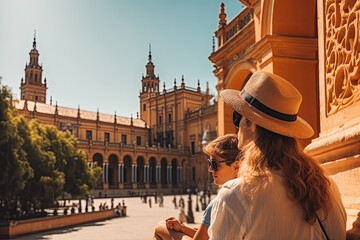 Seville travel destination. Tourist couple on sunny day in city beautiful urban landscape view. Generative AI.