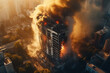 bird's eye view of a destroyed burning building with fire flames smoke and smoke in a big city, skyscraper in the middle of a city, fictional place and happening