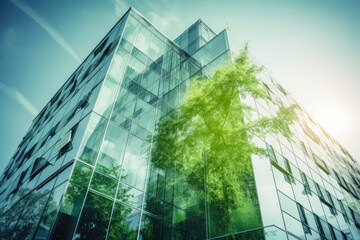 Wall Mural - Green office building in modern metropolis. Glass business building in urban environment. Generative AI.