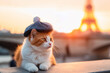 Ginger cat in beret in sunset, EIffel Tower on background. Generative AI