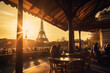 Beautiful Paris cafe in sunset, EIffel Tower on background. Generative AI