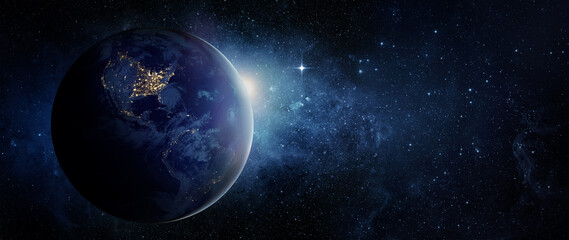 Wall Mural - panoramic view of the earth, sun, star and galaxy. sunrise over planet earth, view from space. eleme