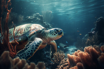 Beautiful sea turtle closeup in a coral reef under the ocean