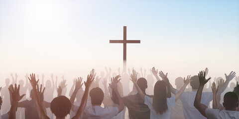 Wall Mural - concept christian church worship and praise God show, the silhouette of the hands at concert 3D render