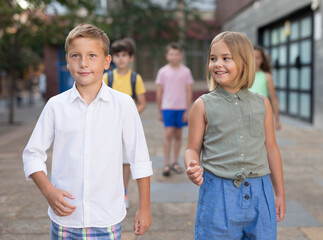 Wall Mural - Girl and boy are walking city street, together with friends