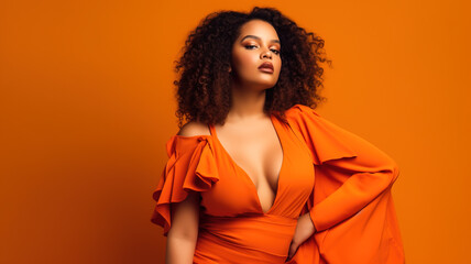 Plus size model poses in a stylish costume standing against the wall in a photo studio. AI-generated fictional character