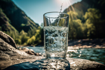 a glass glass with clear water against the background of mountains on a summer day. The image is generated by artificial intelligence
