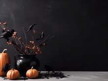 Halloween Decoration And Black Wall With Copy Space. Generative AI