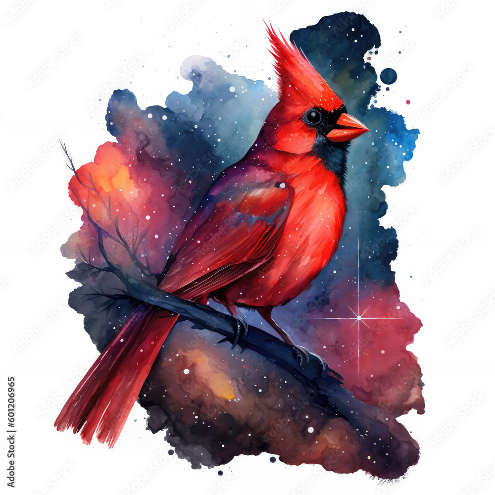 Colorful watercolor illustration of a red male cardinal on a tree ...