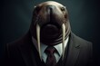 Anthropomorphic walrus dressed in a suit like a businessman. Business Concept. AI generated, human enhanced