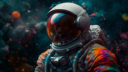 Wall Mural - Beautiful painting of an astronaut in in a colorful bubbles galaxy on a different planet. Generative AI