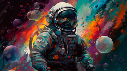 Wall Mural - Beautiful painting of an astronaut in in a colorful bubbles galaxy on a different planet. Generative AI